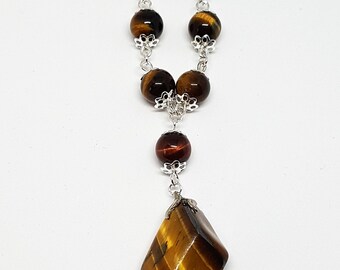 Brown Tiger's eye vintage pendant-Tiger's eye beads- 18 inch chain necklace