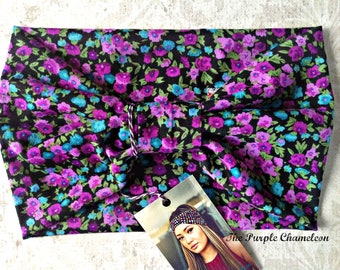 Purple Floral Turban WRAPsody HeadWrap Headband Purple and Black Yoga Headband Headcover Gifts for Her