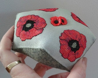 Poppy Biscornu Pincushion pdf pattern by Cherry Parker