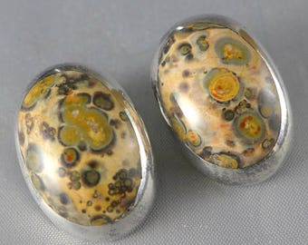 Silver Leopard Jasper Earrings, Vintage Mexican Sterling Silver Leopard Jasper Clip Earrings, Taxco Mexico Sterling Jasper Earrings