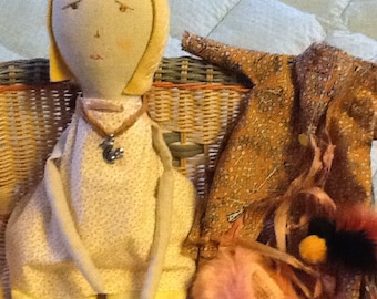Handcrafted rag doll with layered outfit, OOAK, Heirloom Quality, Upcycled fabrics