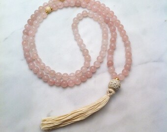 Rose Mala Necklace - Rose Quartz Mala Beads, Buddhist Prayer Beads, 108 Mala Beads for meditations on love, purity of heart, Product ID 1311