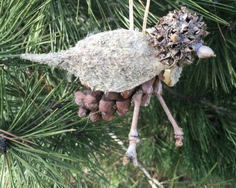 Natural Milkweed Pod Pinecone and Sweetgum Bird Ornament or Decoration