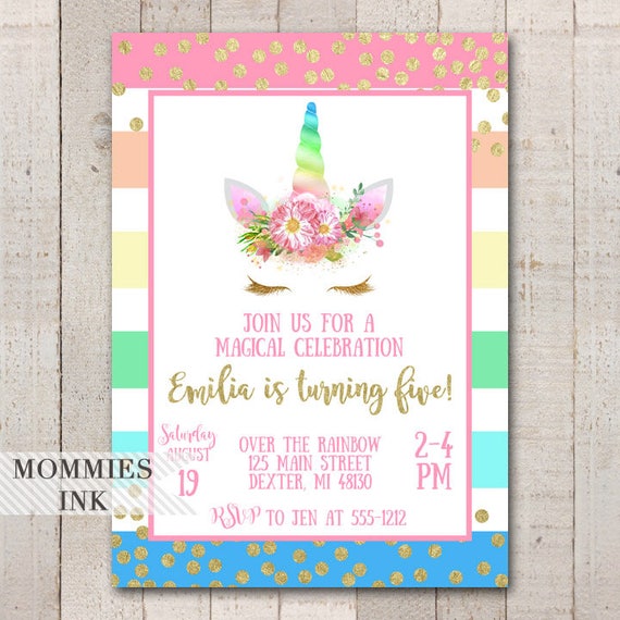 girls birthday invitation 5th birthday invite unicorn 5th birthday invitation
