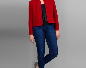 Vintage 80s Wool Jacket • Red Wool Cardigan Jacket • 1980s Geiger Style Boiled Wool Maroon Sweater Jacket • Cropped Button Up Fitted Jacket