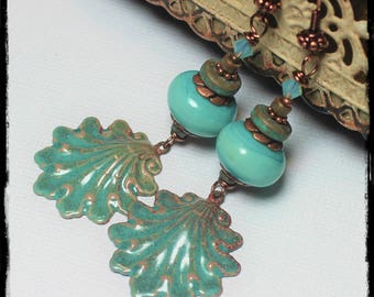 Handmade, Jewelry, Earrings, Beaded, Lampwork, Enamel, Crystal, Antique Copper, Teal, Aqua, Turquoise, Verdigris, Seashell, Shell, Beach