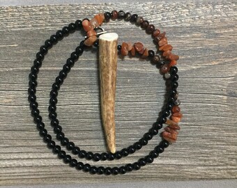 Black and Multi-Colored Agate Deer Antler Tine Necklace