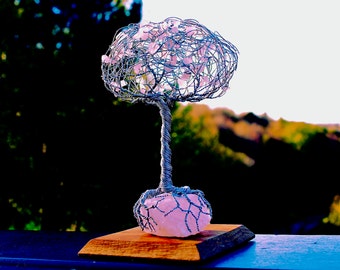Wire Tree Sculpture With Rose Quartz Gemstones (Aluminium Wire)
