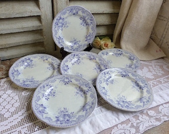 Set of 6 antique french lavender transferware dessert plates. Jeanne d'arc living. French Nordic decor. Lilac transferware.