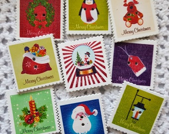 10 Christmas Postage Buttons, Wooden Postage Buttons, Cardmaking Buttons, Scrapbooking Buttons, Craft Buttons