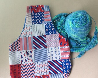 Small knitting project bag, wrist bag, over arm project bag, nautical print cotton fabric, knitters project bag, knitters gift bag.