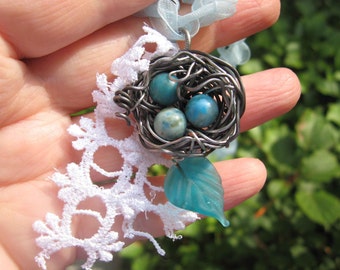 Enchanted Shabby Chic Woodland Birdnest necklace on organza chain