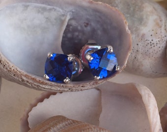 Sapphire Earrings, Sapphire Stud Earrings, Cushion Cut Earrings, September Birthstone, Bridesmaid, Wedding