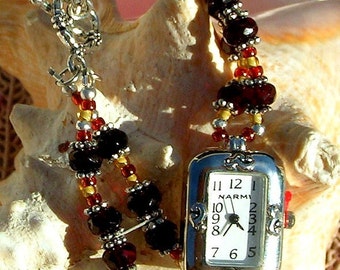 Silver Watch, Ruby Red Beads - W050