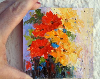 Original Impressionist flower painting - Abstract Flowers 3 flower girl gift, floral art, palette knife oil painting 6x6" small format art