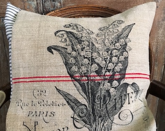 Vintage European Grain Sack Pillow With Pillow Ticking Inner Pillow