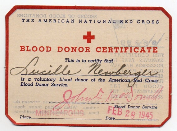 February 28 1945 American National Red Cross Blood Donor Card