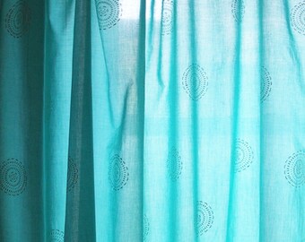Hand block printed curtain - Turquoise and gold 47"w x 92" l