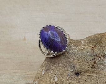 Purple Charoite ring. 925 sterling silver. Reiki jewelry uk. Violet Flame ring. Adjustable ring. 18x13mm gemstone