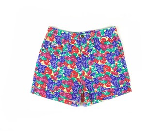 1980s denim floral shorts high waisted retro 80s jean shorts vintage multicolored garden print flower power hot pants funky shorts L 31-33"
