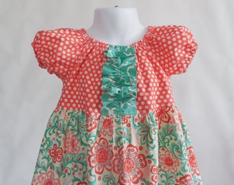 Girl's Infants Toddlers Peasant Dress - Spring Coral and Green Floral