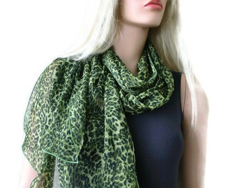 Grass geeen leopard long chiffon scarf -Parisian Neck Tissu-Extra long