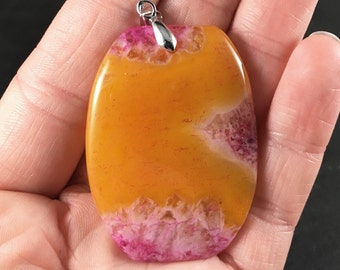 Orange and Pink Druzy Agate Stone Pendant Necklace