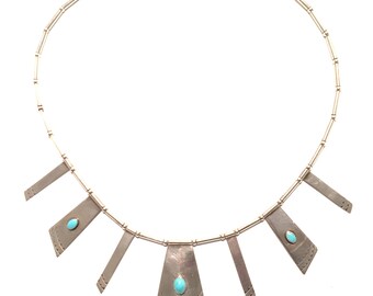 Vintage Navajo 1960'S Sterling Marked Turquoise Modernist Necklace