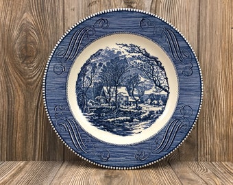 2 Vintage Blue and White Currier and Ives 10" Dinner Plates • Old Grist Mill Pattern • Blue Transfer Ware Plates by Royal China