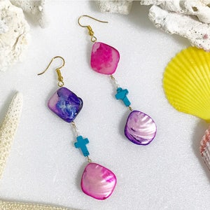 Ocean Earrings, Beach Earrings, Beads, Mother-of-Pearl, Seashell, Pink, Purple