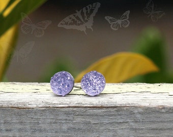 Lavender Faux Druzy Earrings, 8mm Glitter Studs, Light Purple, Titanium Post, Stainless Steel Post, or Sterling Silver Posts