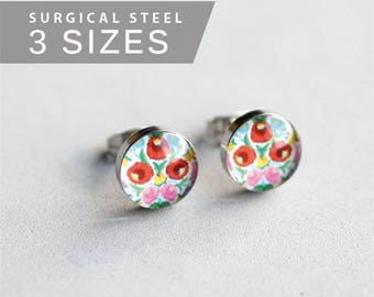 Floral post earrings, Surgical stainless steel studs, Hungarian earring studs, Folk motif stud earrings, Kalocsai earrins