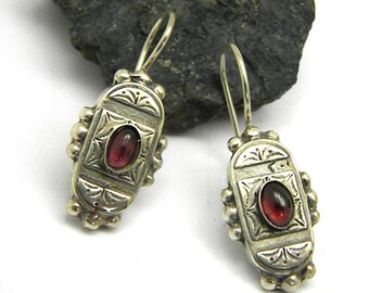 Garnet earrings, sterling silver dangle earrings, rustic antique style, gemstone earrings, garnet jewelry, January birthstone, granulation