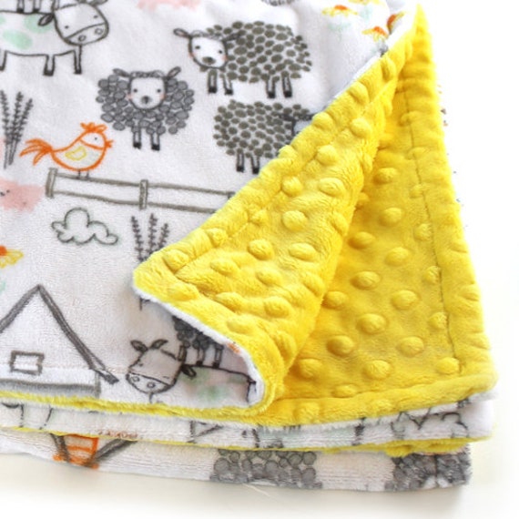 Newborn Baby Lovey, Personalized Baby Blanket Boy Girl, Farm Blanket, Yellow Minky Blanket, Gray Animal Blanket, Name Baby Blanket, Kids