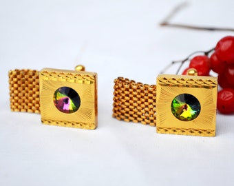 Gold cufflinks, Wedding Cufflinks, grooms gift, rhinestone cufflinks, mens accessories, Vintage Cufflinks, square Cufflinks