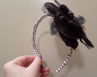 Black and White Polka Dots with Flower Handmade Ribbon Headband