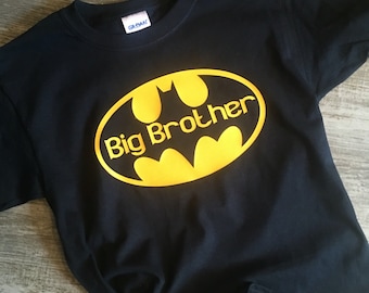 Big Brother shirt, black shirt with yellow batman design, toddler and youth sizes Big Sister shirt