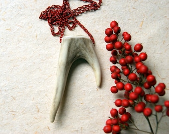 Forked Antler Tip Necklace with Vintage Red Enameled Chain