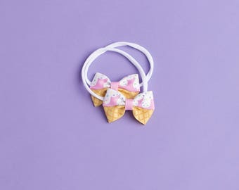 Twins 1st birthday headband, Hand Painted Bows, Toddler Hair bows, Tiny bow, Toddler Gift, Ice Cream Bows, Twins First birthday, Pink clip