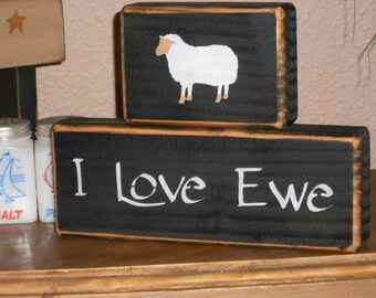 I LOVE EWE w/sheep primitive shelf sitter Valentines