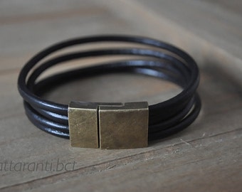 RETRO vintage genuine leather bracelet for men women multi strand link leather magnetic end subtle minimalist bronze tone clasp black