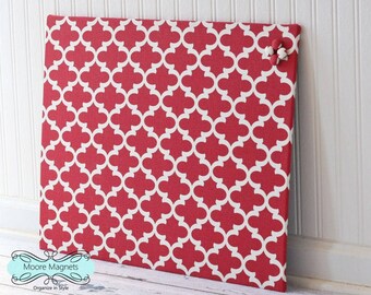 Magnetic Board 18 inch x 24 inch Red and White Moroccan Pattern Fabric - Ready to Ship - Message board Command Center Office Organization