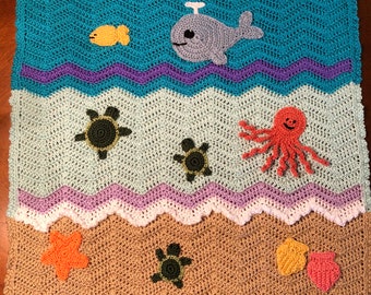 Crochet Baby Turtle Blanket, Ocean/Sea Blanket, Beach Blanket, Baby Gift