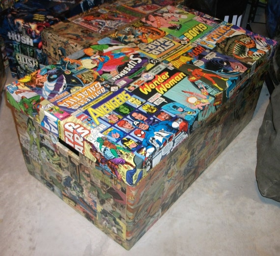 Items similar to Marvel DC custom decoupage comics collage large storage toy box chest superman