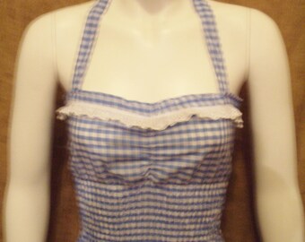 Cute blue gingham check halterneck top,elasticated! Can make in any size/colour/size check! Rockabilly,1950's,hillbilly,vintage,pin-up !