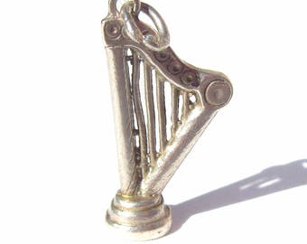 Sterling Silver Harp Charm, Sterling Silver Music Charm, Silver Harp Charm, Instrument Charm, Vintage Charm for Charm Bracelets