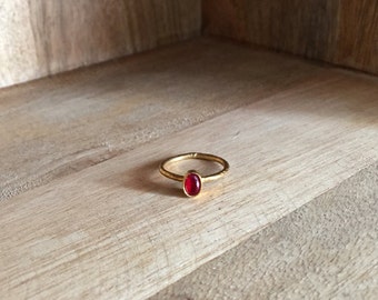 Simple or stacking brass ring with red stone