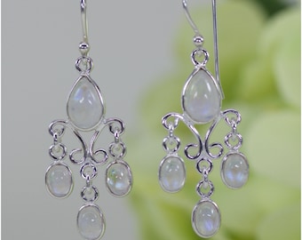 Naturally Glowing Moonstone Filigree Chandelier Earrings in Sterling Silver, Anniversary Gift, Birthday Gift, Thank You Gift
