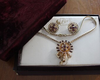 Vintage Jewelry Set Coro Vintage Coro Jewelry Set Brooch Clipon Earrings with Matching Necklace Amethyst Rhinestones FREE SHIPPING
