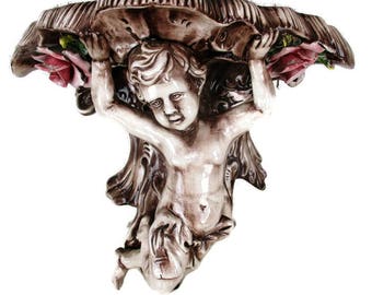 Ornate Wall Mounted Console Shelf Angel Putti Cherub Porcelain Corbel Italian